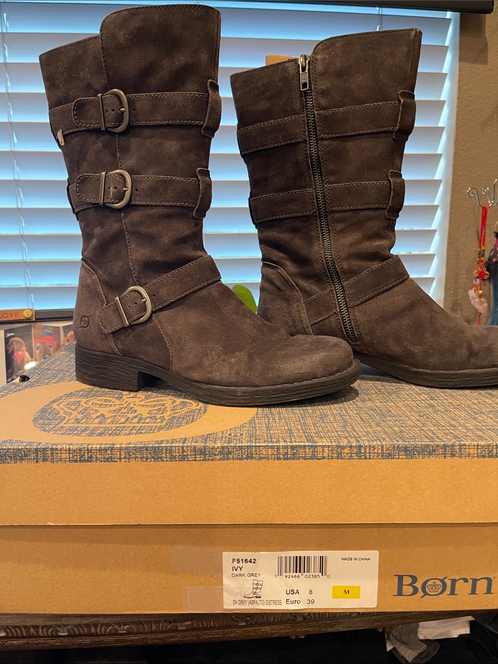 Born Dark Grey Suede Mid-Calf Buckle Boots